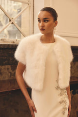 Brunette model wearing the Lucyna Short Sleeve Bolero in White Campaign Shot