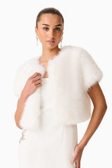 Brunette model wearing the Lucyna Short Sleeve Bolero in White Close Up Shot