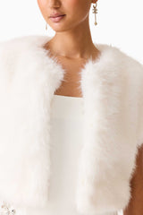 Brunette model wearing the Lucyna Short Sleeve Bolero in White Detail Shot