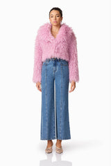 Brunette model wears Trisha Faux Fur Cropped Jacket in Pink Front Shot