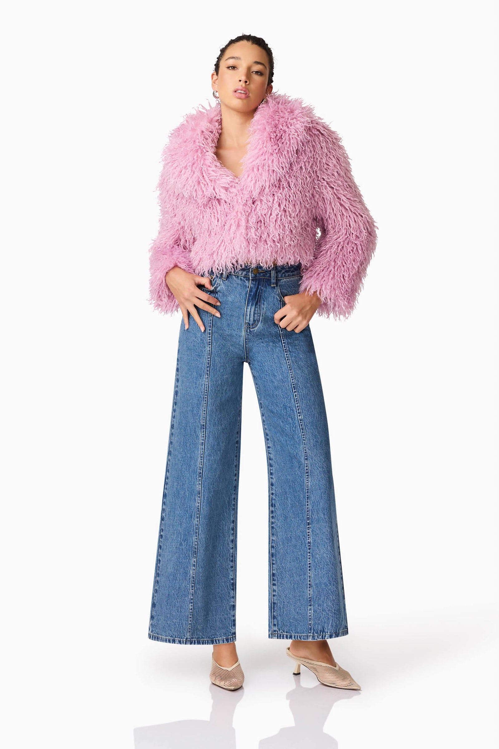 Trisha Faux Fur Cropped Jacket in Pink - Oversized Faux Fur – Elliatt