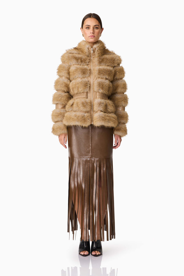Brunette model wearing Aisling Faux Fur & Leather Jacket in Beige Front Shot