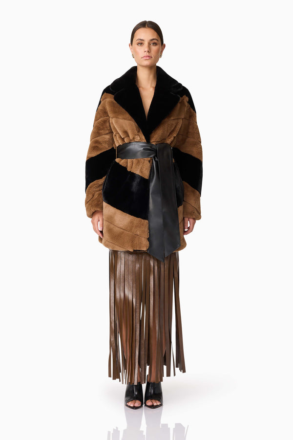 Brunette model wearing Felicia Faux Fur Coat in Black & Brown front shot
