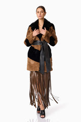 Brunette model wearing Felicia Faux Fur Coat in Black & Brown posed shot 2