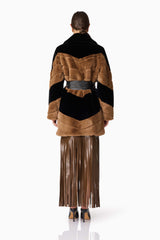 Brunette model wearing Felicia Faux Fur Coat in Black & Brown back shot