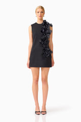 Noirette Shift Mini Dress in Black with floral applique front shot