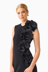 Noirette Shift Mini Dress in Black with floral applique close up shot