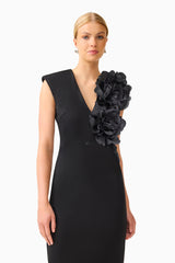 Noirette V-Neck Gown in Black with floral applique close up shot