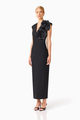 Noirette V-Neck Gown in Black with floral applique side shot