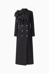 Noiretta Coat in Black with floral applique detailing & front side pockets ghost shot 