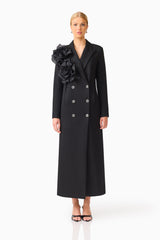 Noiretta Coat in Black with floral applique detailing & front side pockets front shot 