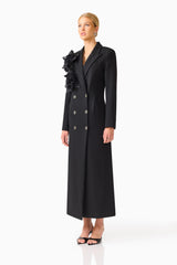 Noiretta Coat in Black with floral applique detailing & front side pockets side shot 