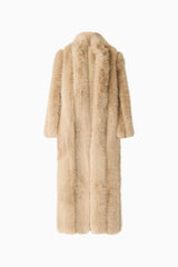 Brunette model Faux Fur Maxi Coat in Biege ghost shot