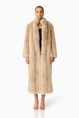Brunette model Faux Fur Maxi Coat in Biege front shot