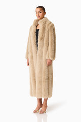 Brunette model Faux Fur Maxi Coat in Biege side shot