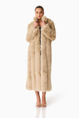 Brunette model Faux Fur Maxi Coat in Biege posed shot