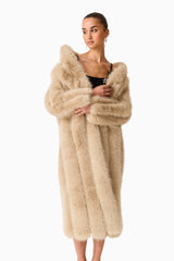 Brunette model Faux Fur Maxi Coat in Biege close up posed shot