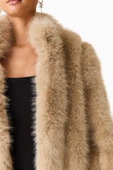 Brunette model Faux Fur Maxi Coat in Biege detail shot