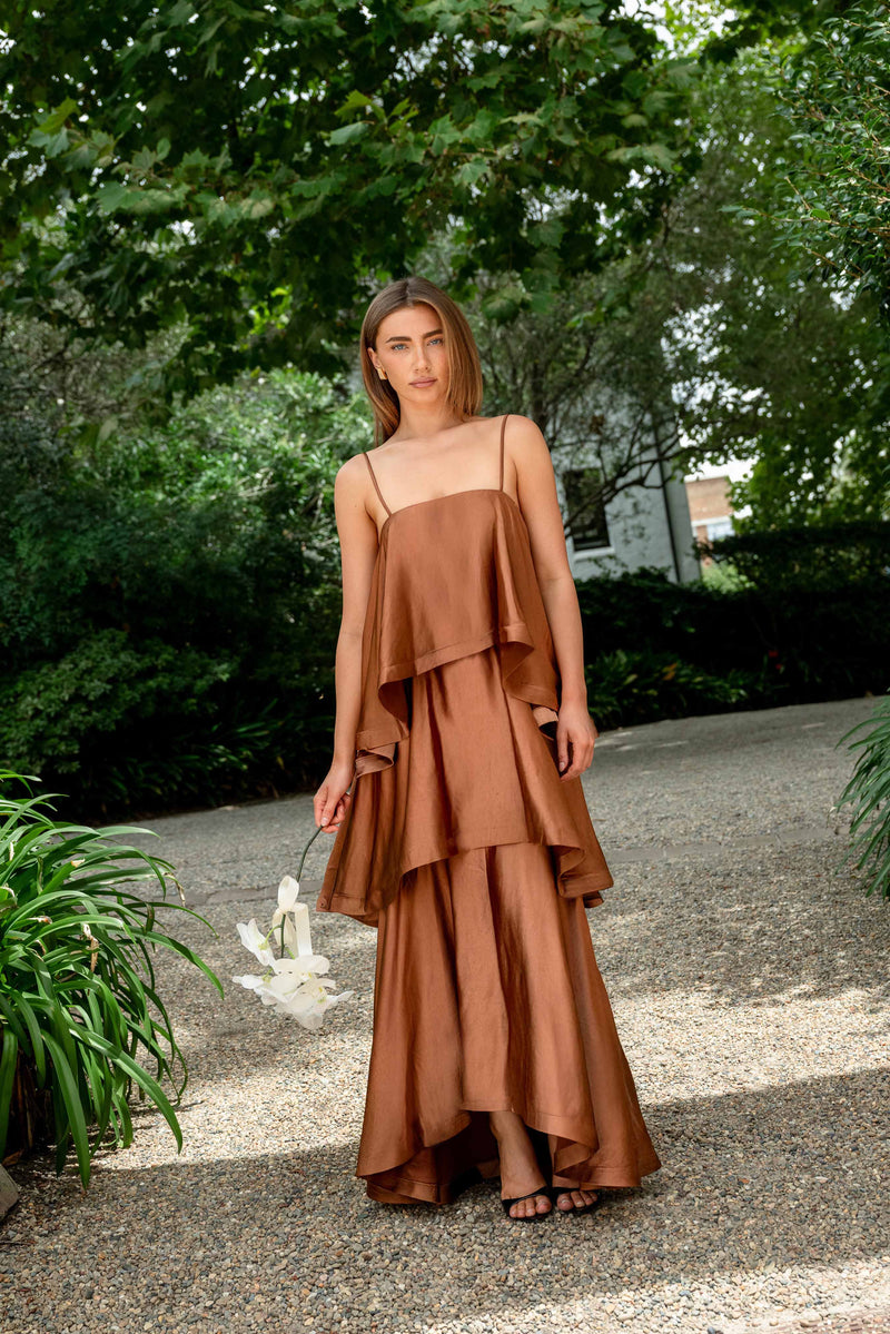 Tilly Tiered Maxi Dress in Toffee Brown