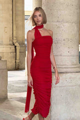 Blonde model wearing Darya Fitted Midi Dress in Red front outside shot