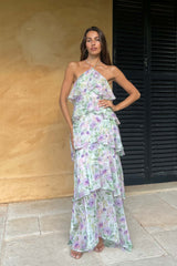 Brunette Model wears the Mirabelle Halter Cocktail Dress in Floral