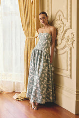 Model wears Lisette Sweetheart Gown in Sea Green with jacquard fabrication to formal wedding 