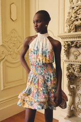 Model wears Clementina Halter Mini Dress in Multi Floral to a girls lunch