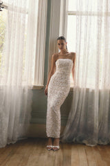 Model wears Silvana Column Gown in Cream to Bridal Shower 