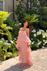 Model wearing the Swallowtail Day To Night Maxi Dress In Pink to a girls lunch 
