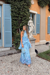 Model wearing the Tulsia Floral Cape Maxi Dress in Light Blue to a baby shower