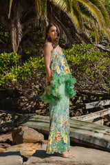 Brunette model wearing the Jamie Tiered Maxi Dress in Green Floral content shot