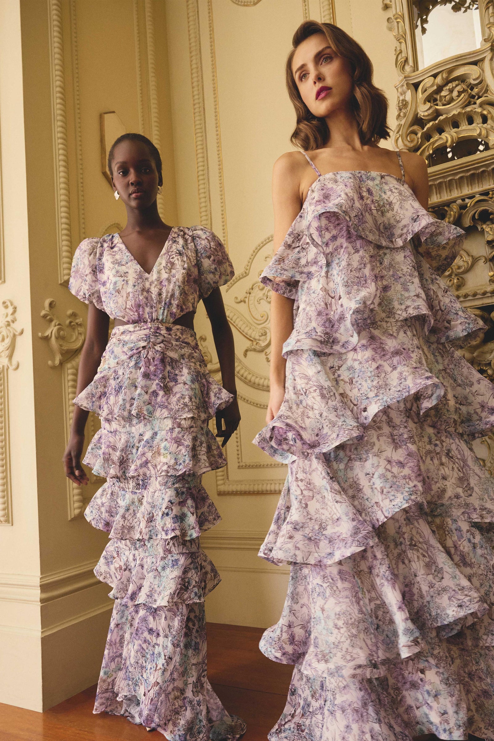 Rosaria Strapless Tiered Gown in Purple Floral | Printed Floral
