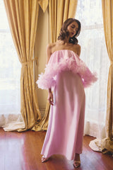 Model wears the Fiorina Floral Applique Gown in Pale Pink to a garden wedding 