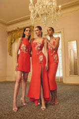 Model wears Fleurisca Embroidered Gown in Scarlet Red to races