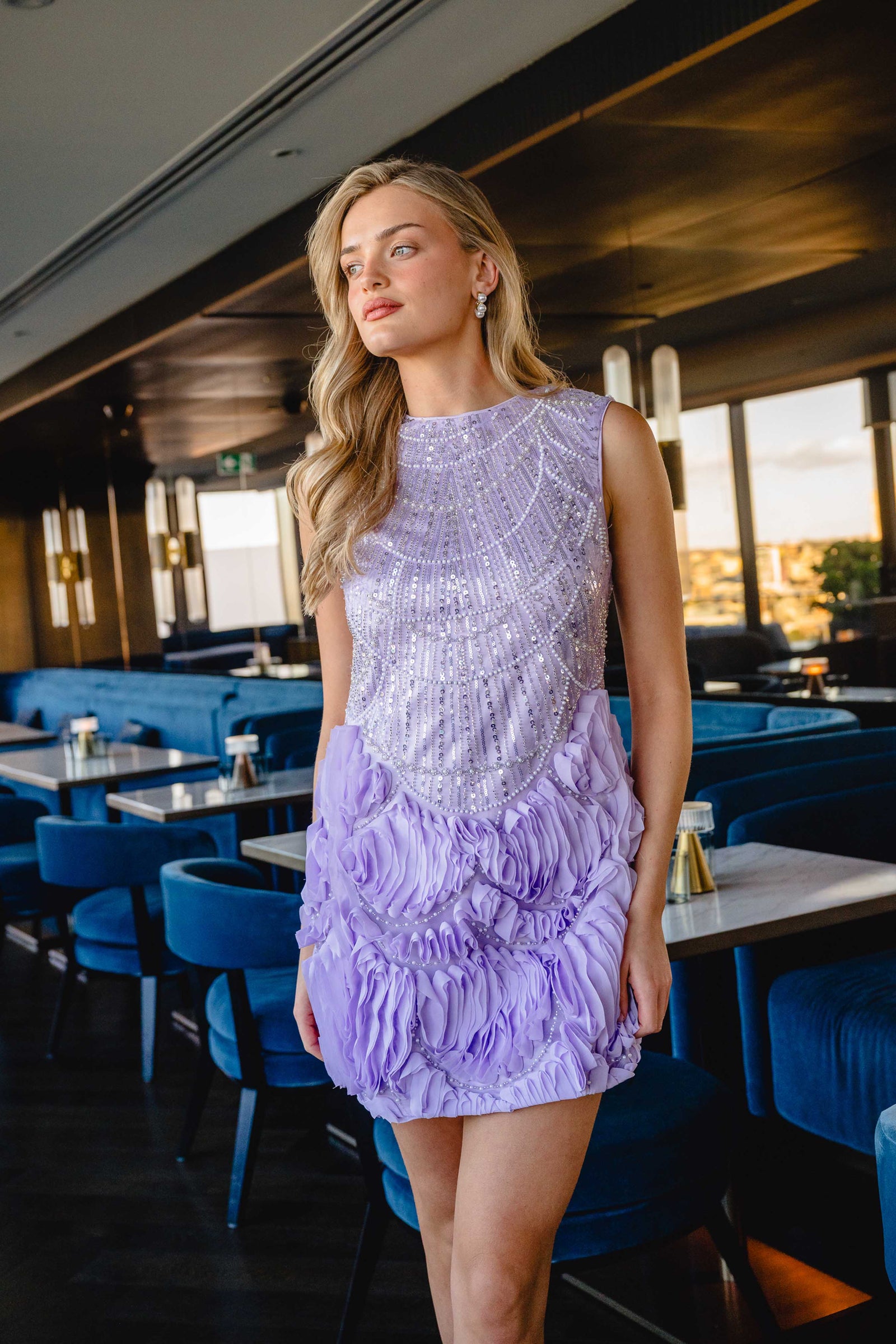 elliatt purple mini dress Elliatt Lavender Purple Ruffle Smocked High Neck Long Sleeve Mini Dress