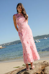 Brunette model wearing the Monique Floral Applique Midi Dress in Pink content shot