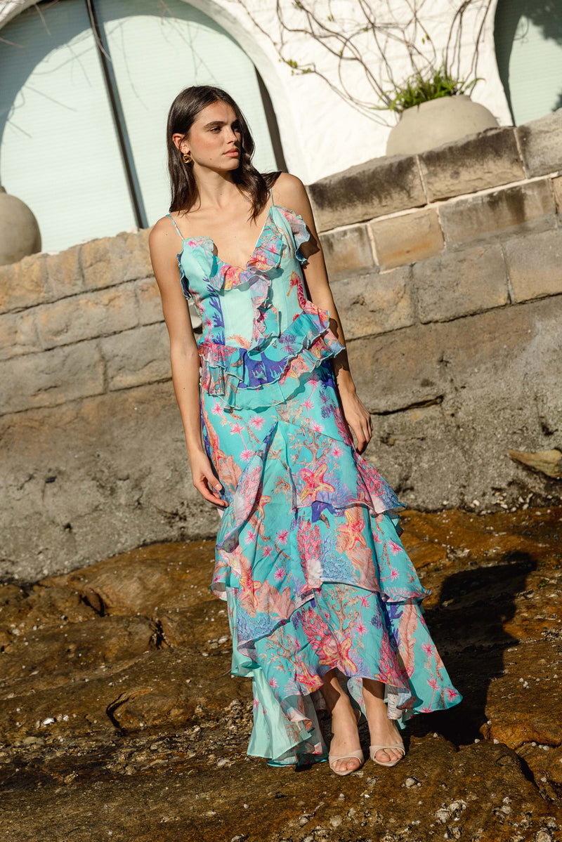 Coral Tiered Gown - Blue Multi - L