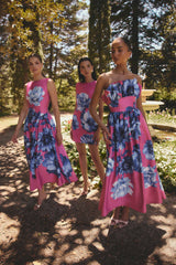 Sybella A-Line Midi Dress in Pink & Blue Floral to garden party