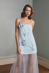 Brunetter model wearing the Reina Applique Gown in Sky Blue campaign shot