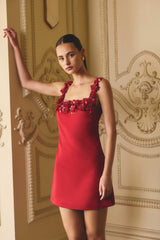 Brunette model wearing the Lucetta Shift Mini Dress in Red campaign shot