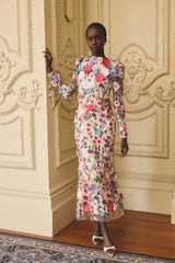 Rosette Long Sleeve Midi Dress in Multi Floral ghost shot