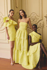 Brunette model wearing the Luella Strapless Gown in Yellow campaign shot