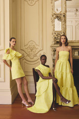Brunette Model wearing Luella Asymmetrical Gown in Yellow campaign shot