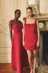 Brunette Model wearing the Lucetta Fit & Flare Midi Dress in Red campaign shot