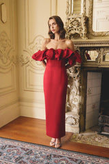 Brunette model wearing the Lucetta Off Shoulder Gown in Red campaign shot