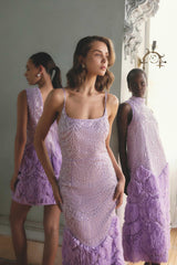 Brunette model wearing the Cerise Embellished Gown in Purple campaign shot