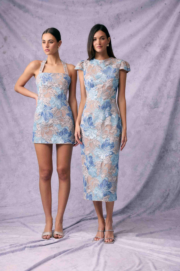 Brunette model wearing Leonie Sequin Midi Dress in Blue posed shot