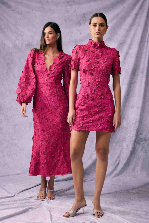 Brunette model wearing Claudia Long Sleeve Midi Dress in Pink posed campaign shot