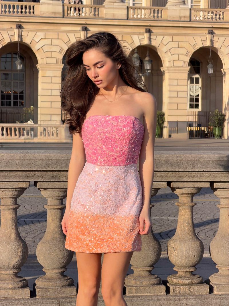 Lumira Sequin Lace Mini Dress in Pink Ombre – Elliatt
