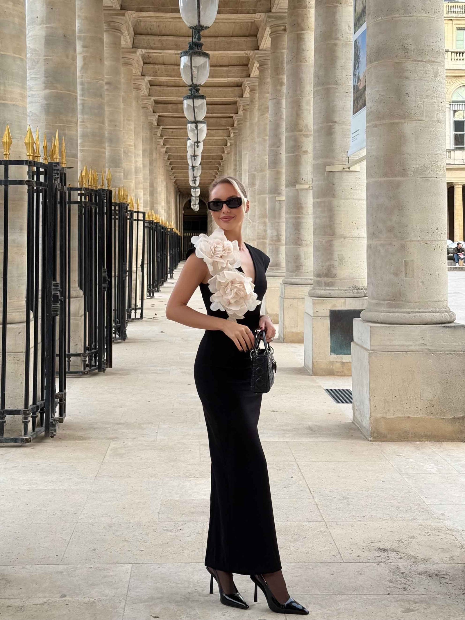 Zahara V-Neck Gown in Black | Flower Trim & Plunge Neckline  Elliatt